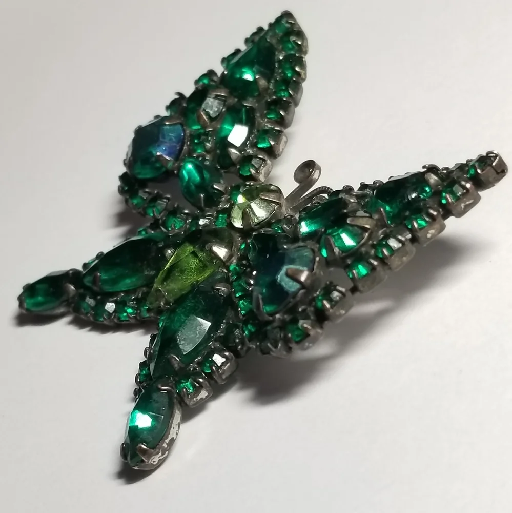 Vintage butterfly brooch green rhinestones pin moth insect bug jewelry p…